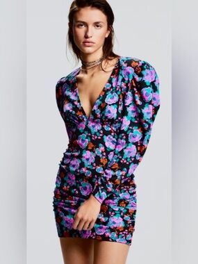Zara Black Floral Puff-Sleeve Mini Dress with Purple and Teal Accents